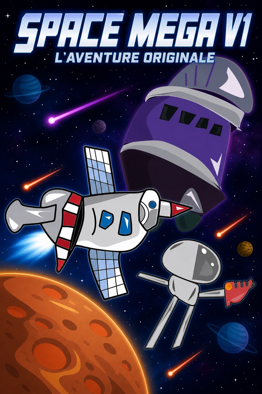 Jaquette de Space Mega V1 avec Mega Ding, Captain Nolan, la planète Bombec et Raoul la Terreur